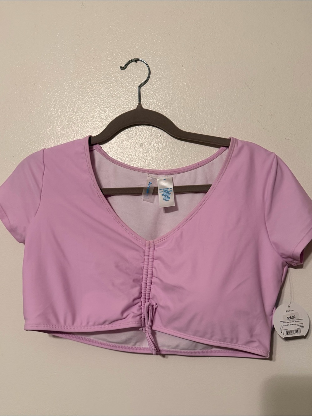 Decree Light Pink Ruched Front Short Sleeve Crop Top
